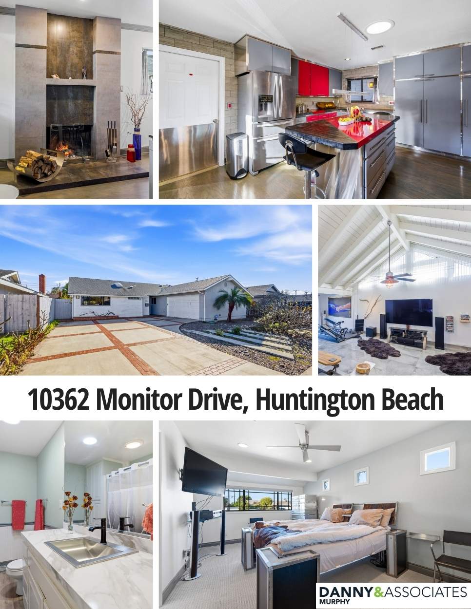 Six images of 10362 Monitor Drive, Huntington Beach with address text in the center of collage.