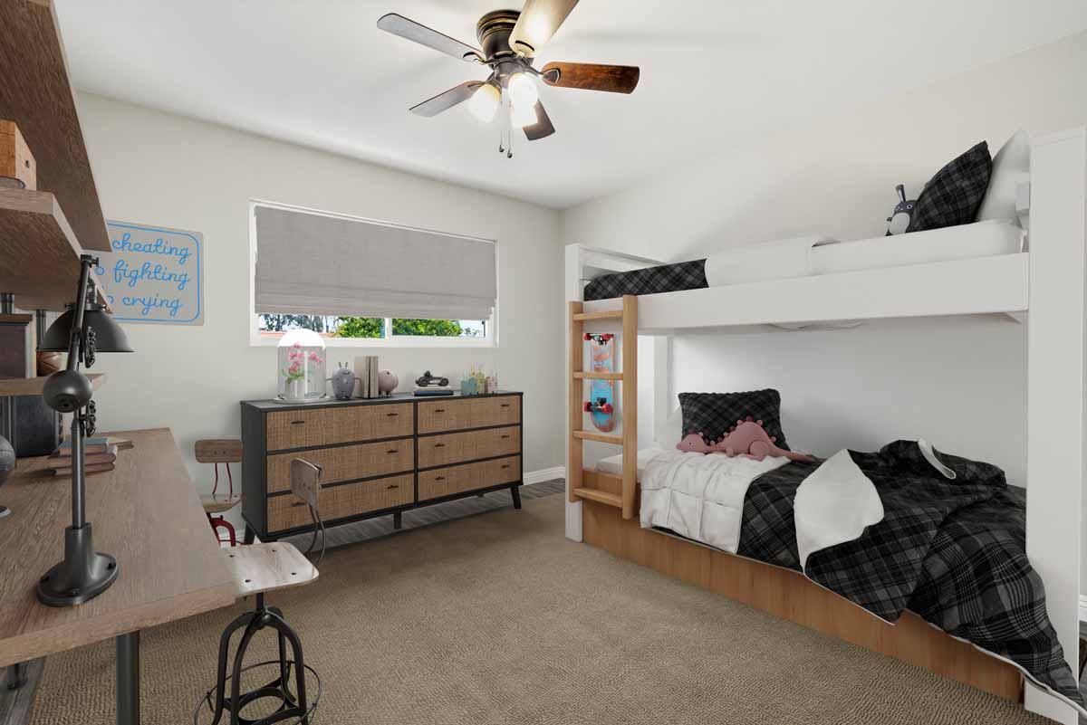 Digitally staged kids bedroom with twin bunk beds, a dresser, and a ceiling fan.