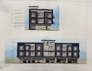 Exterior plans for a 6 unit property project showing windows all along the front of the unit.