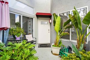Front door surrounded by plants.