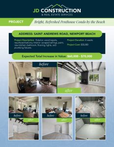 Light blue PDF with white and navy blue writing showing before and after images of JD Construction projects, in collaboration with Danny Murphy & Associates in Orange County, CA