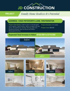 Light blue PDF with white and navy blue writing showing before and after images of JD Construction projects, in collaboration with Danny Murphy & Associates in Orange County, CA