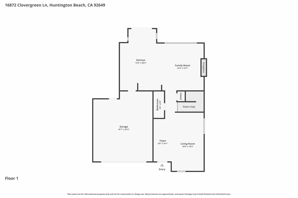 Floor plan showing first floor level of 16872 Clovergreen Lane, Huntington Beach.