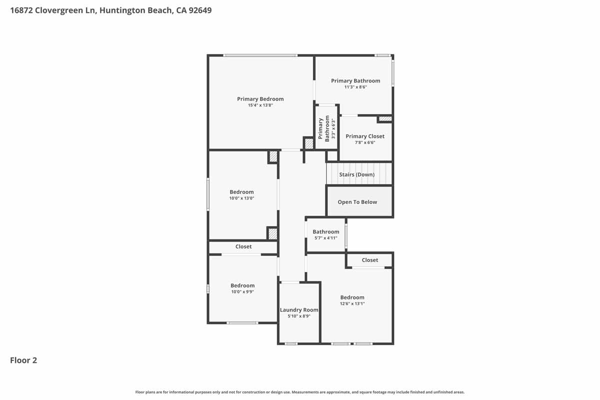 Floor plan showing second level of 16872 Clovergreen Lane, Huntington Beach.
