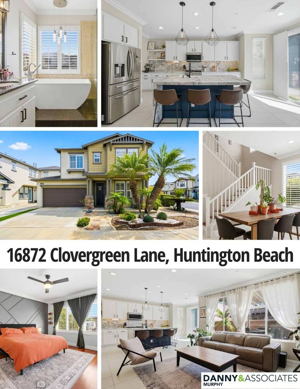 Six images of 16872 Clovergreen Lane, Huntington Beach with address in center of collage.