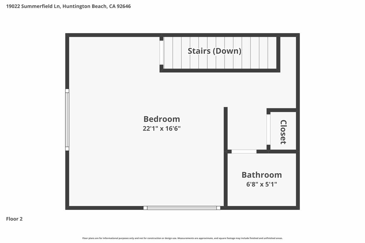 Second level floor plan showing a large loft space as well as a bathroom and closet.