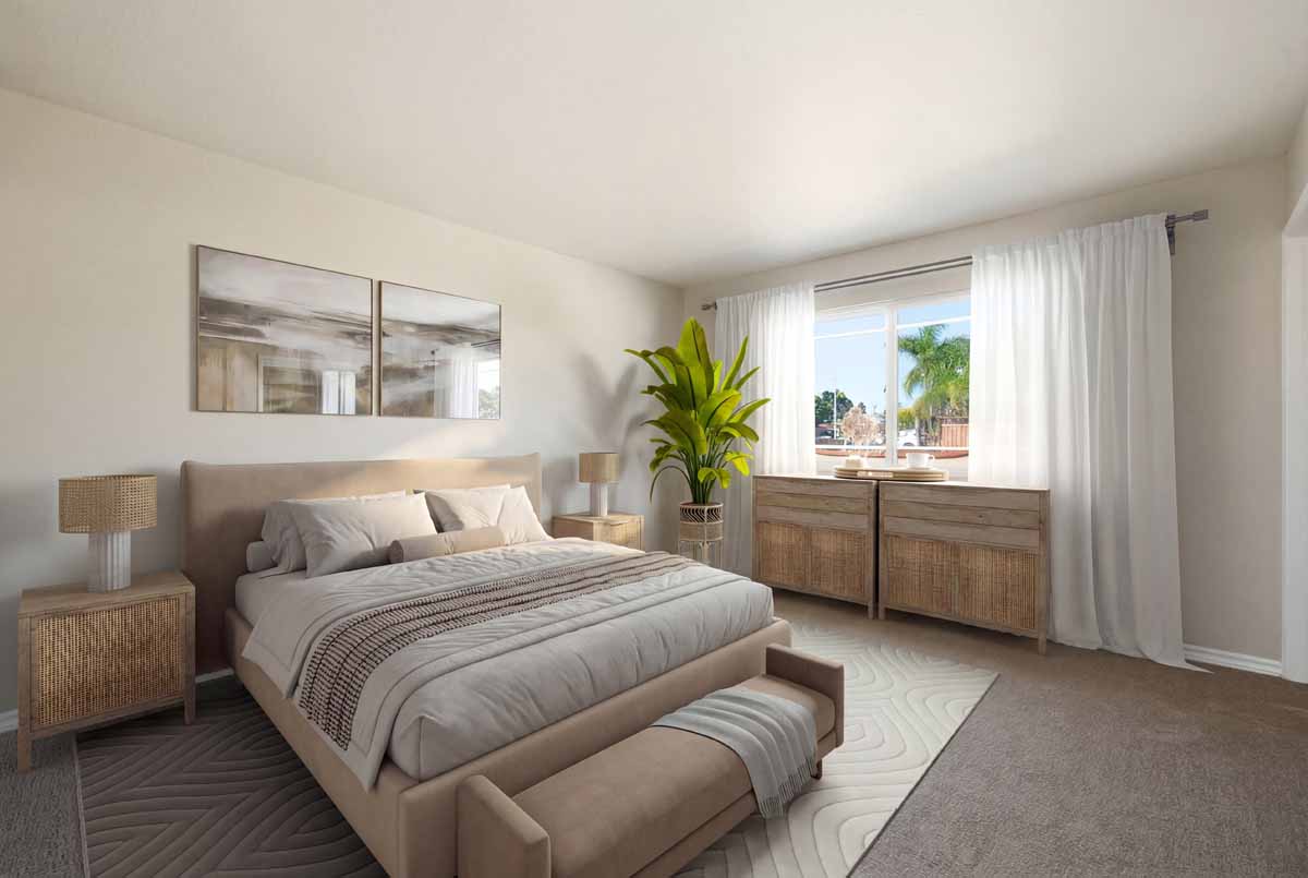 Virtually staged master bedroom with neutral color pallet showing a bed, plant, and a white curtain-framed window over a dresser.