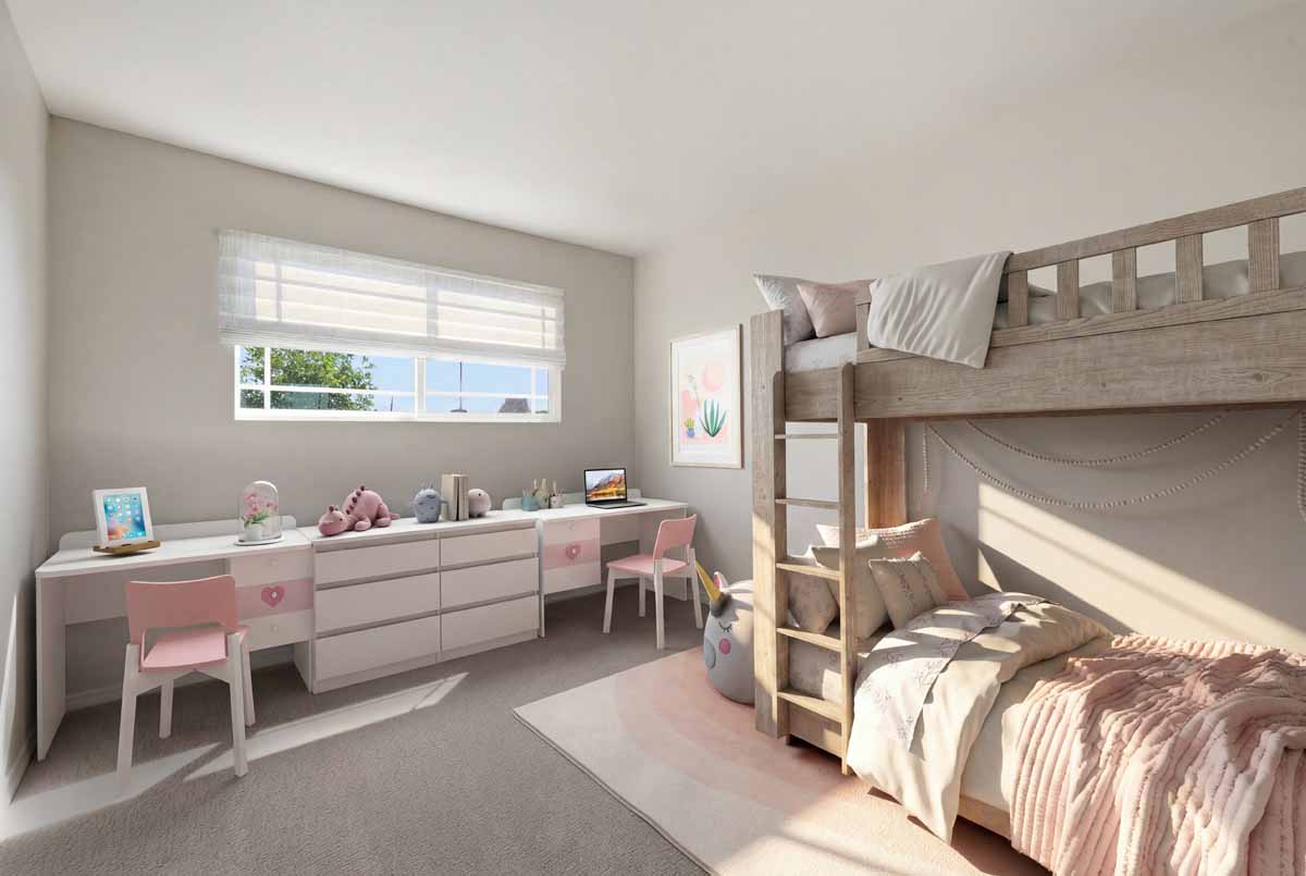 Digitally staged girl's bedroom with a neutral colored bunkbed and light pink accents.
