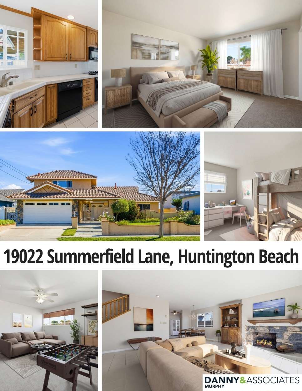 Six different images of 19022 Summerfield Lane, Huntington Beach on a collage with the address in the center.