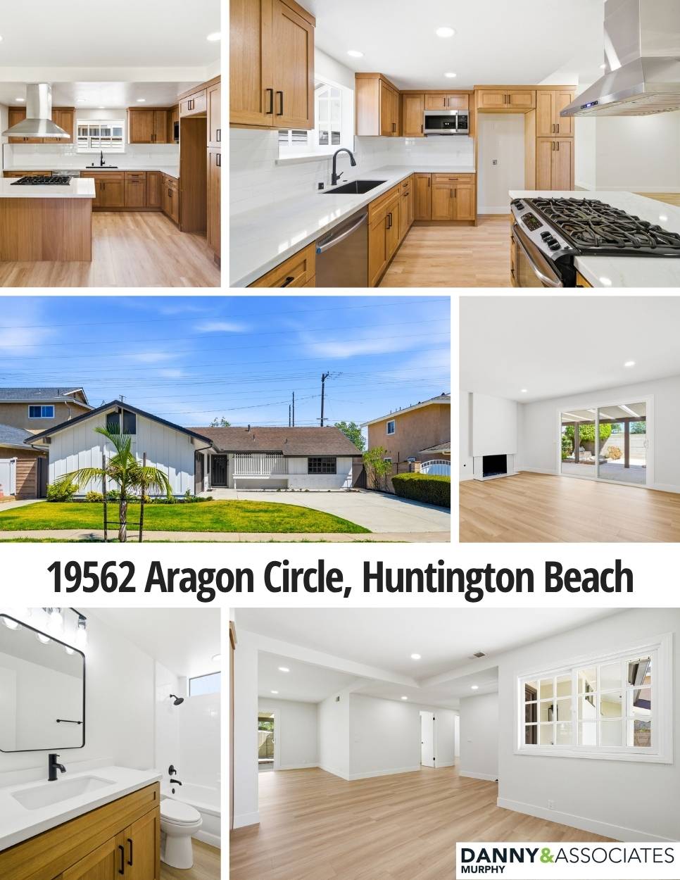Six images of 19562 Aragon Circle, Huntington Beach with address text in the center of collage.