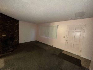 Dark, outdated living room with dark colored carpet, neutral wall color and a dark brink fireplace surround.