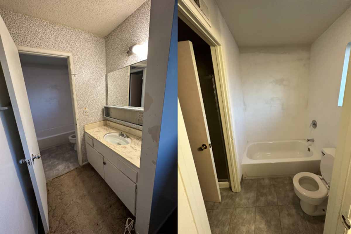 Two different angles of an outdated bathroom showing old, brown flooring and a tub shower combo.