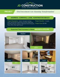 Light blue PDF with white and navy blue writing showing before and after images of JD Construction projects, in collaboration with Danny Murphy & Associates in Orange County, CA