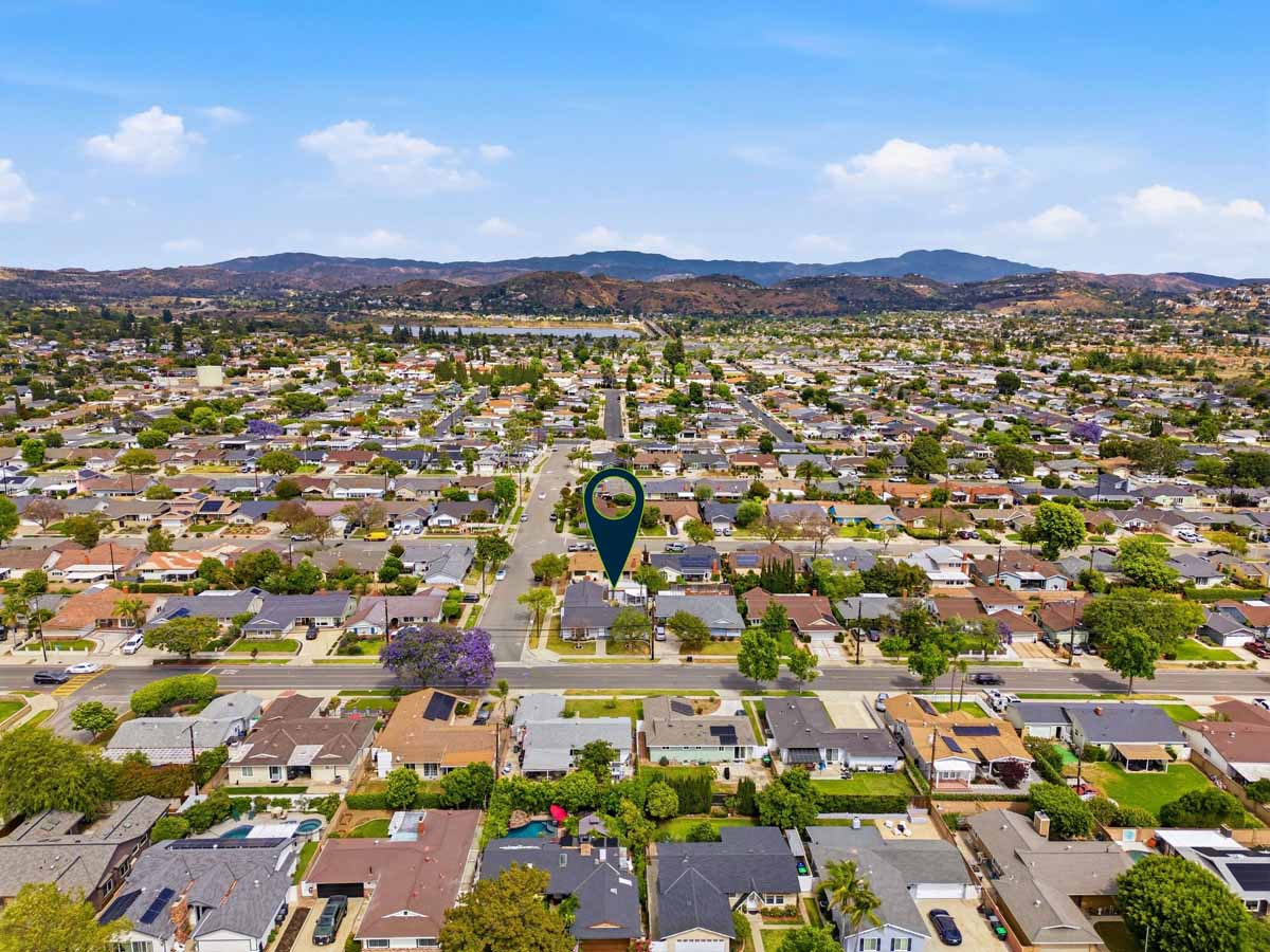 An aerial view of 741 North Handy Street, Orange with an arrow pointing to the house amid all the other homes in the neighborhood.