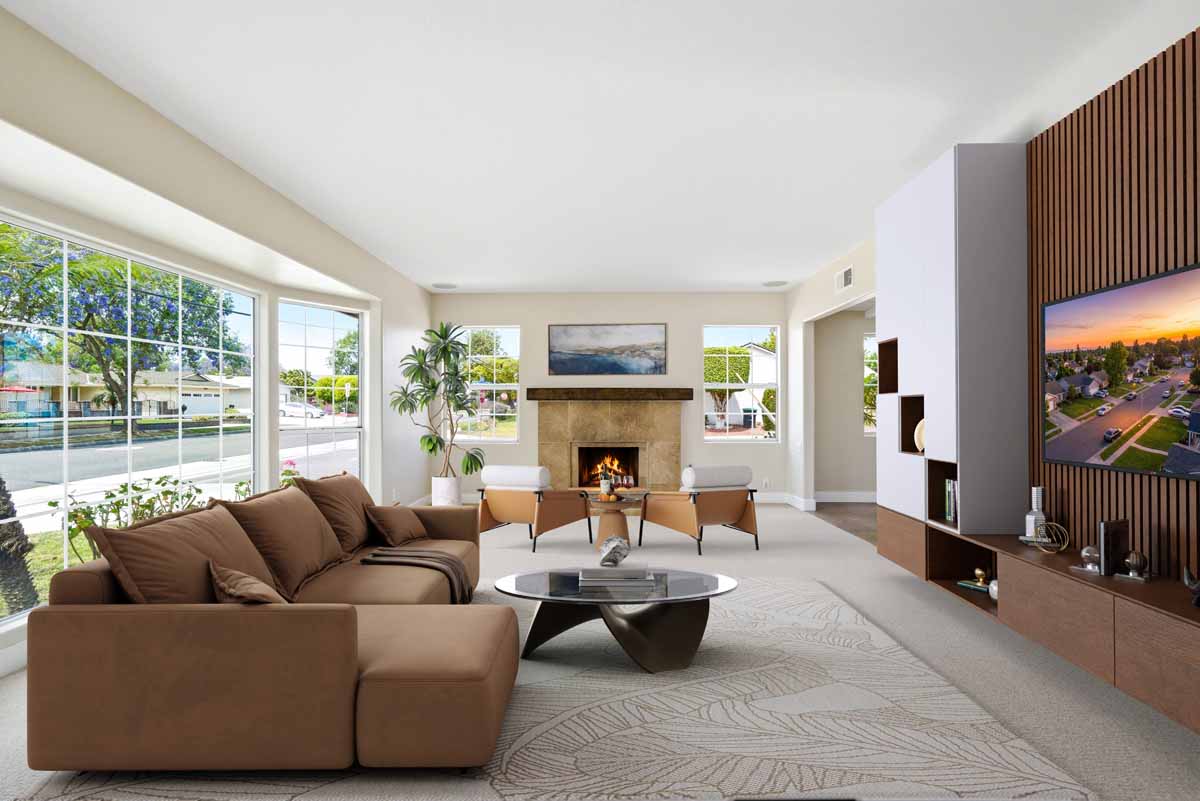 Digitally staged living room with brown couch and fireplace.