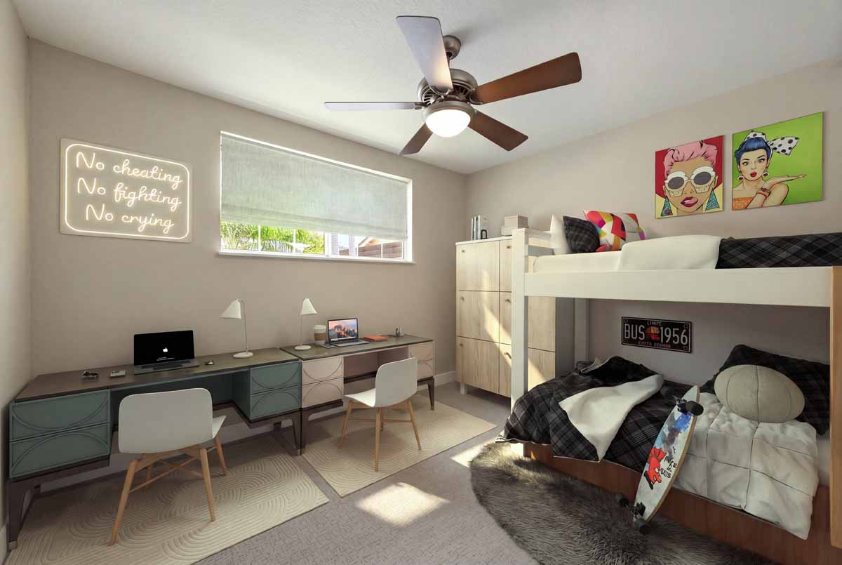 Digitally staged kid bedroom with loft bed and ceiling fan.