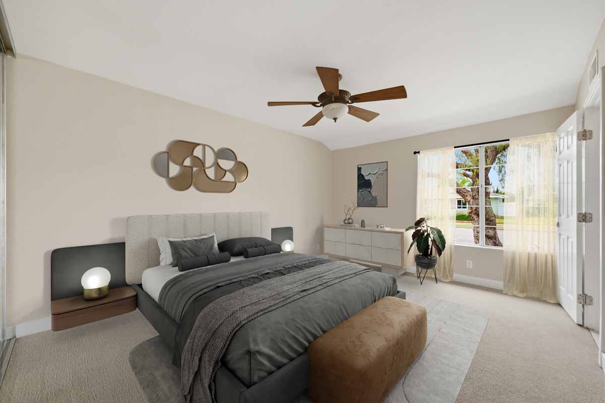 Digitally staged master bedroom with brown and gray colors.