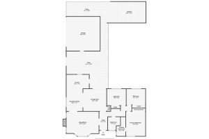 Single story home floor plan showing 3 bedrooms and 2 bathrooms with a large attached courtyard to the garage and backyard.
