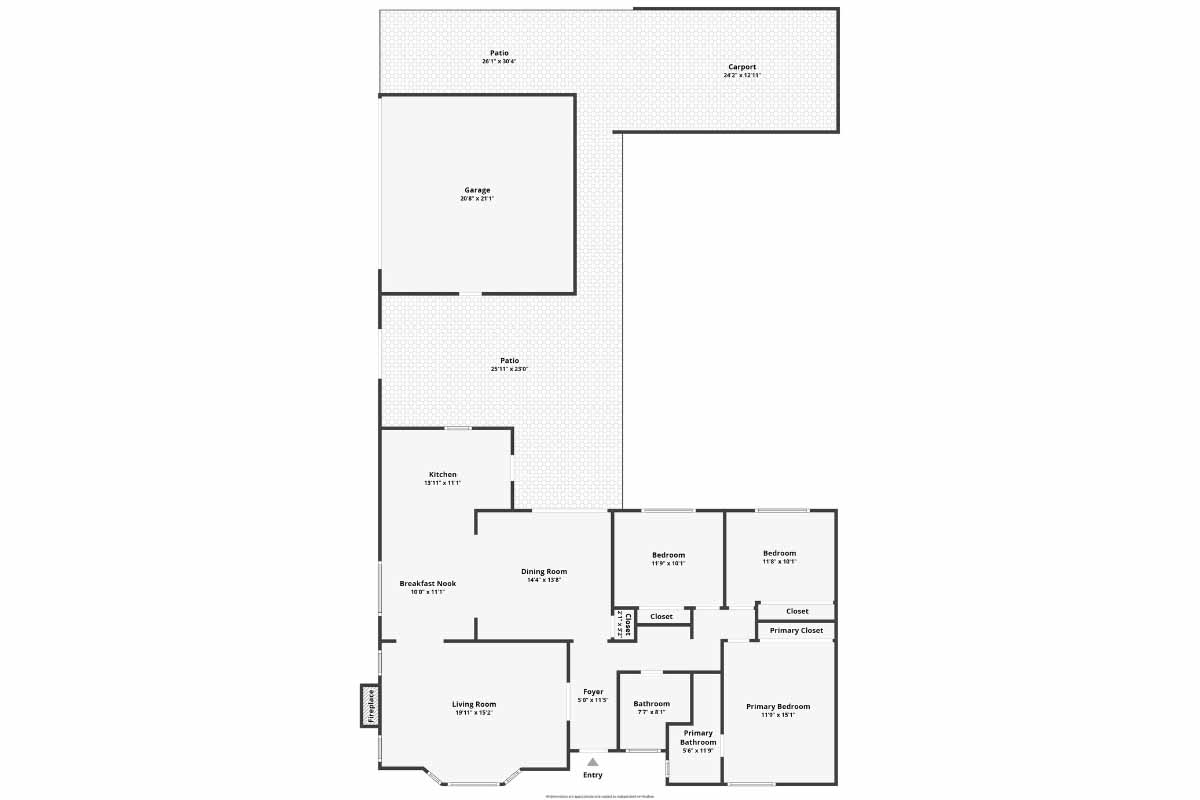 Single story home floor plan showing 3 bedrooms and 2 bathrooms with a large attached courtyard to the garage and backyard.