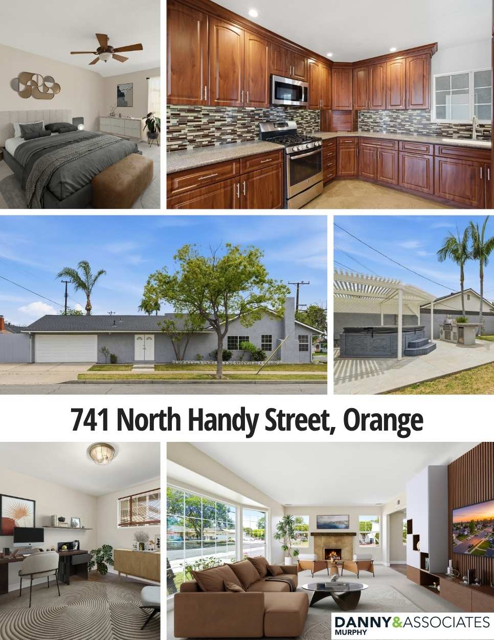 Six different images of 741 North Handy Street, Orange in a collage with the address in text in the center.