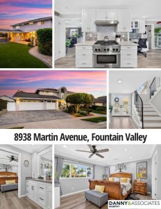 Six different images of the interior and exterior of 8938 Martin Avenue in Fountain Valley with the address in the center.