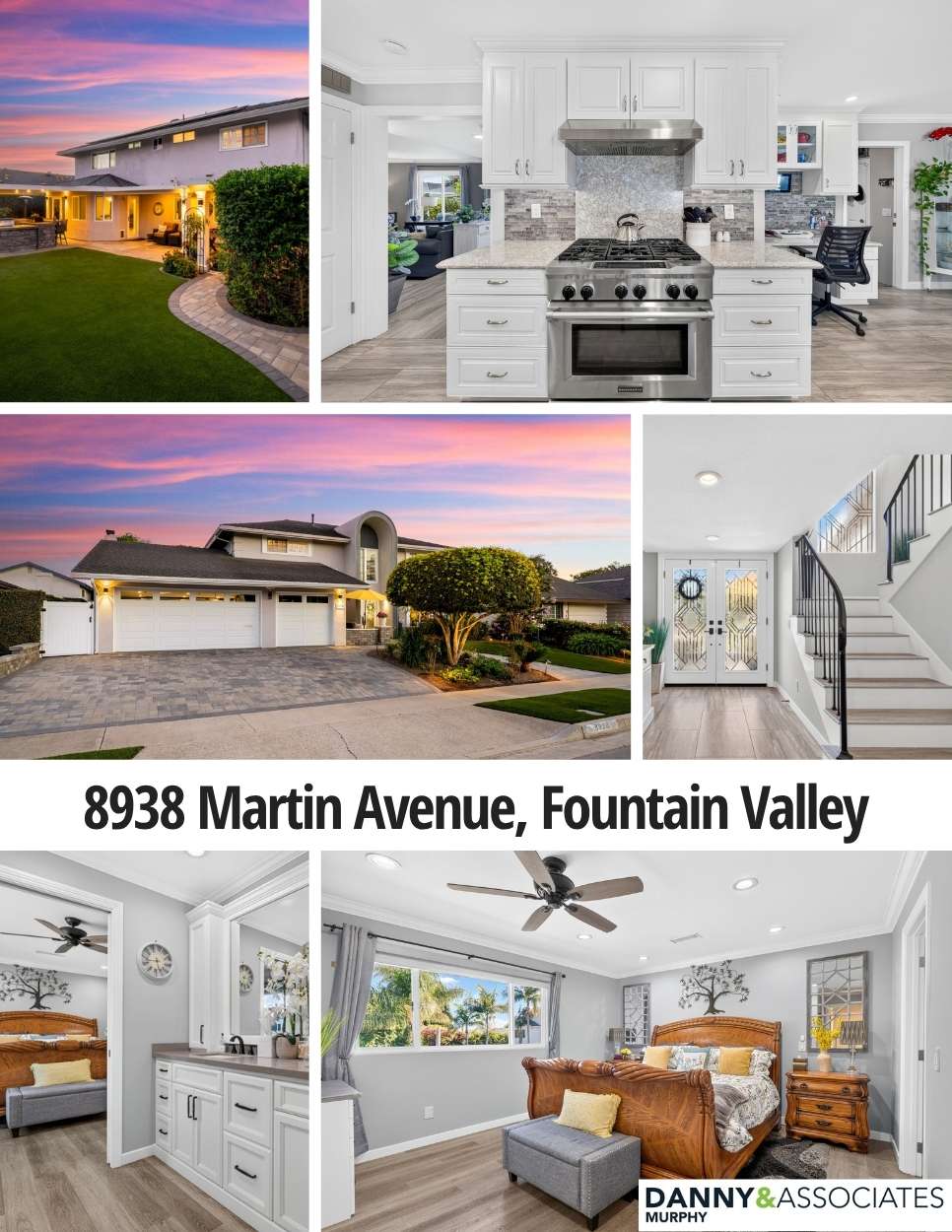 Six different images of the interior and exterior of 8938 Martin Avenue in Fountain Valley with the address in the center.