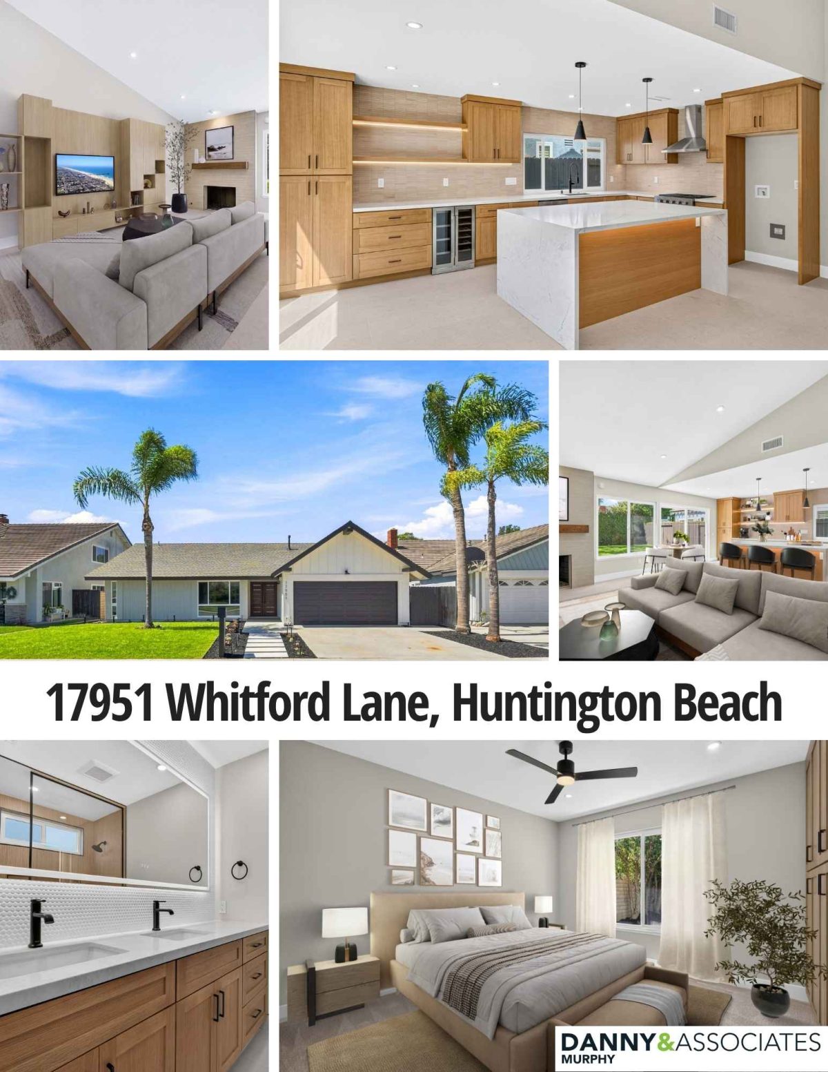Six different images of the interior and exterior of 17951 Whitford Lane in Huntington Beach with the address in the center.