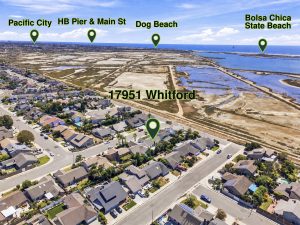 Labeled aerial view of home for sale showing Bolsa Chica wetlands.