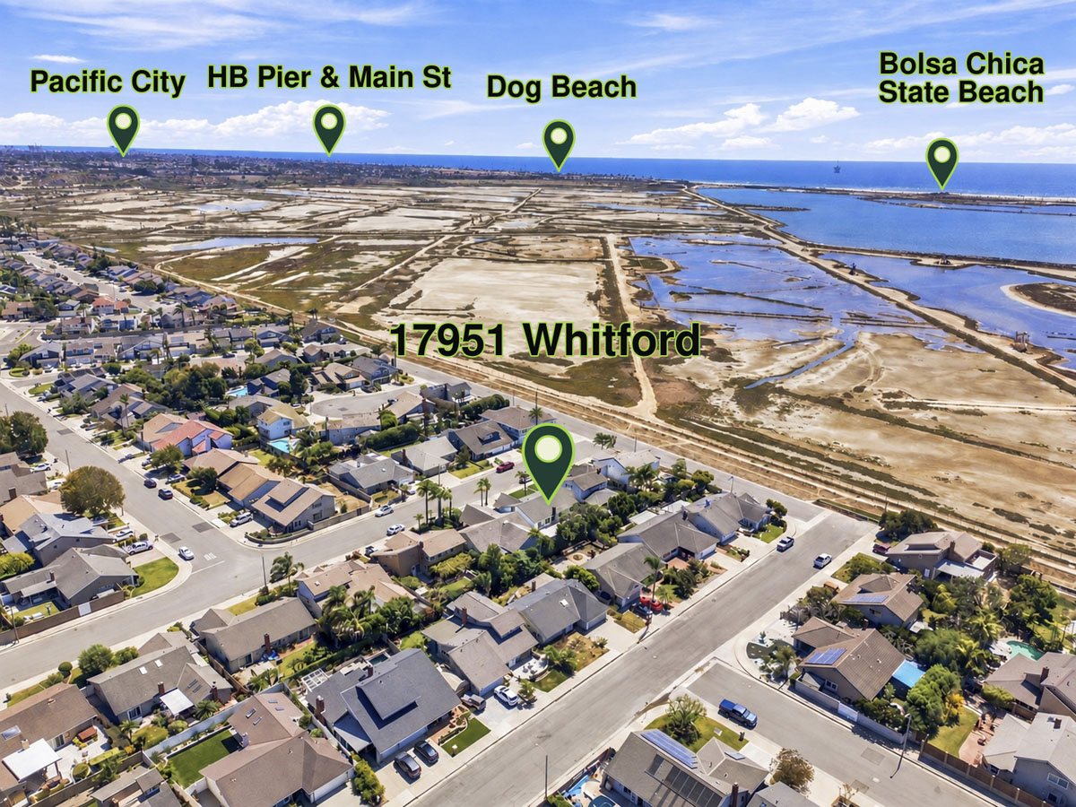 Labeled aerial view of home for sale showing Bolsa Chica wetlands.