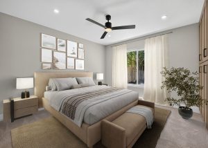 Virtually staged master bedroom.