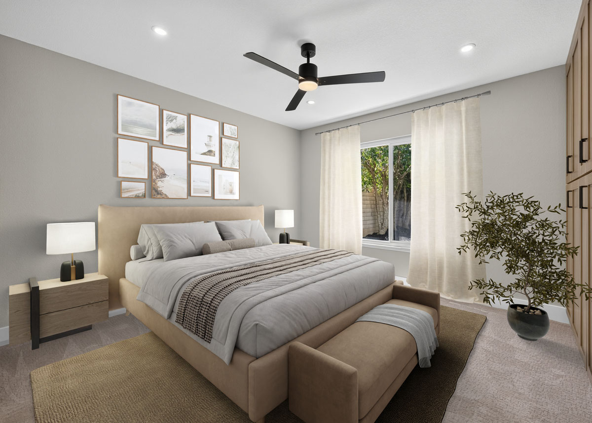 Virtually staged master bedroom.