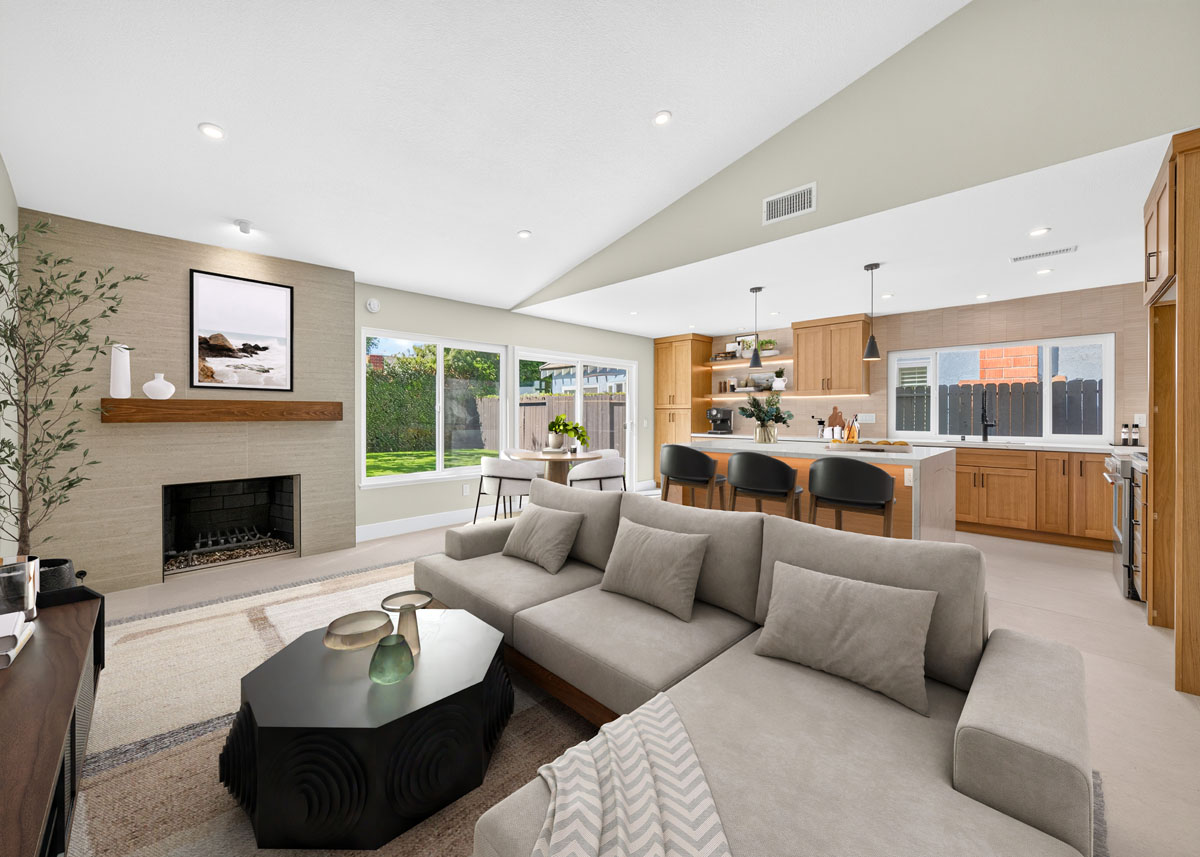 Virtually staged living room off the kitchen.