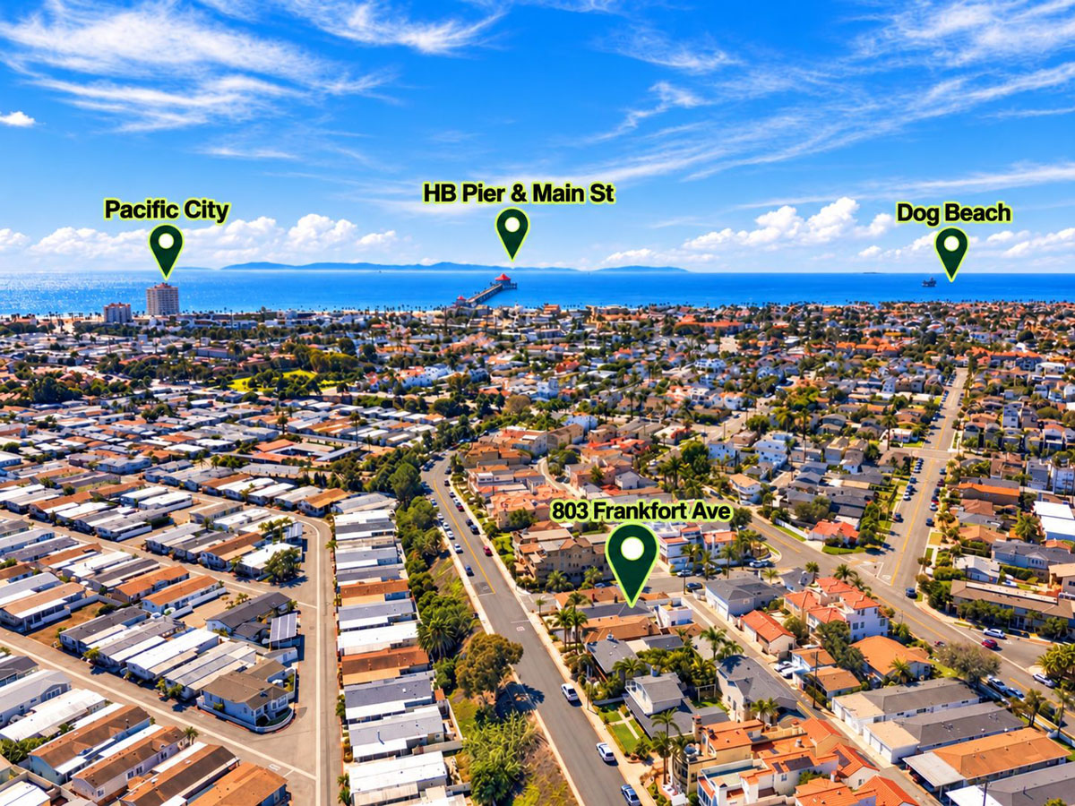 Aerial view of Huntington Beach with labels pointing to the pier, the home, pacific city, and the dog beach.