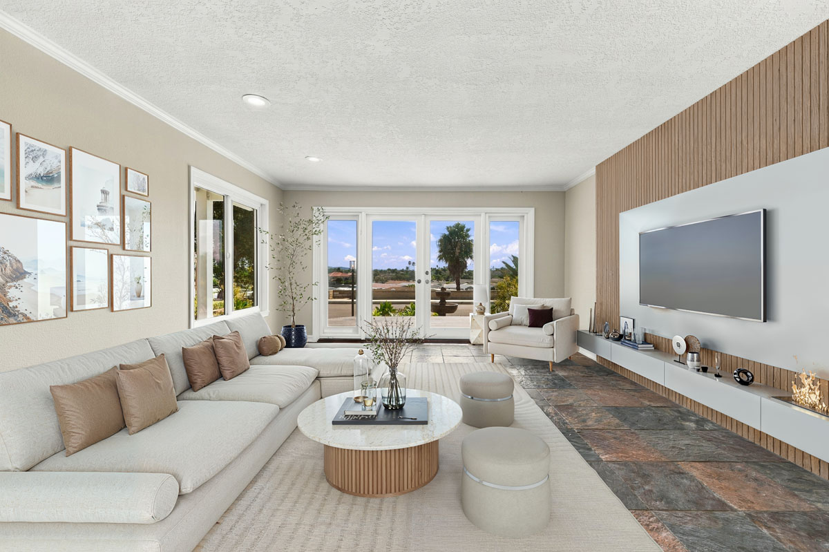 Digitally staged living room with a wall of windows overlooking the front yard.