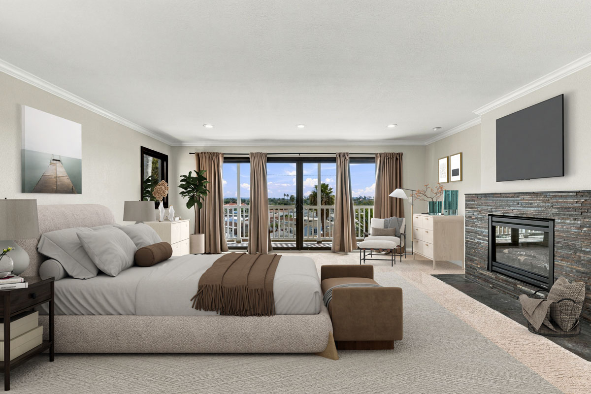 Digitally staged bedroom with bed, fireplace, and sliding glass door leading out to balcony.
