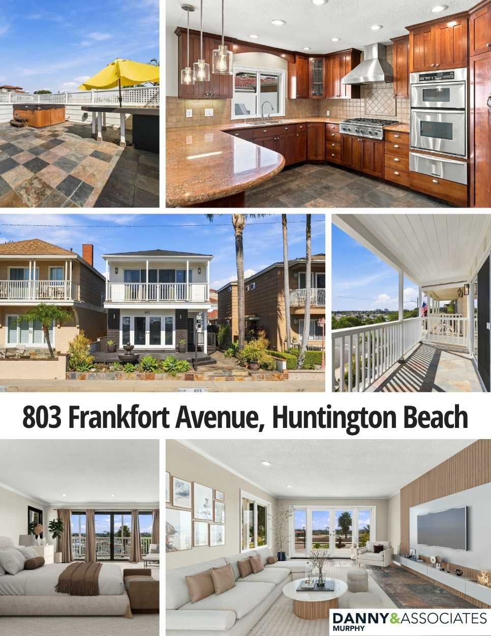 Six images of home for sale at 803 Frankfort Avenue, Huntington Beach with address in text in the center.